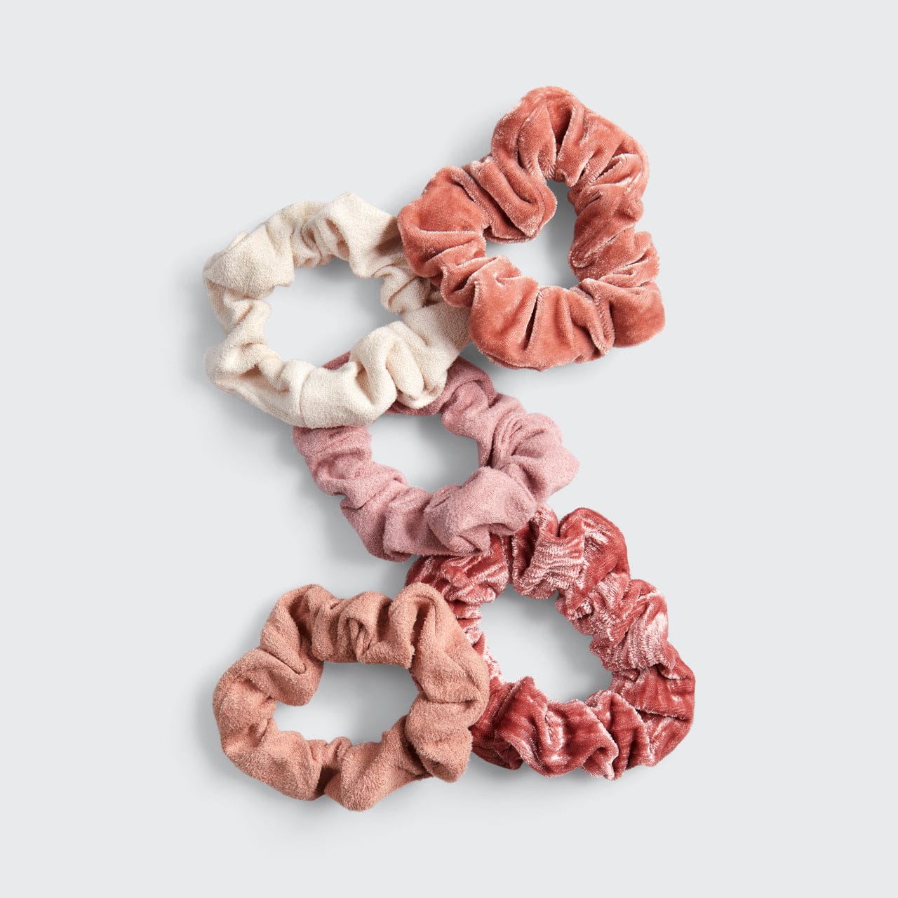 KITSCH Blush & Mauve Velvet Scrunchies 5pc Set — close-up of blush and mauve velvet scrunchies — assorted blush, dusty rose, and mauve tones with plush velvet texture