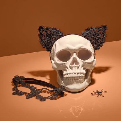 KITSCH Black Cat Lace Headband & Mask — creative product flat lay of black cat lace headband and mask — bold, mysterious Halloween accessory set