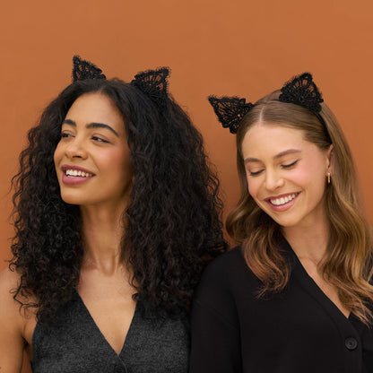 KITSCH Black Cat Lace Headband & Mask — model with black cat lace headband and mask at Halloween event — comfy, secure fit that stays in place all night