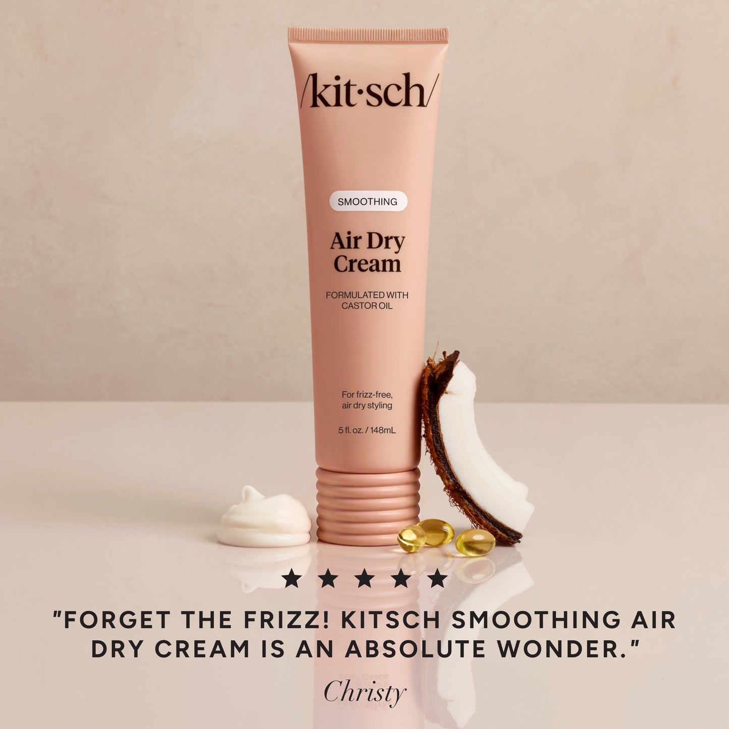 KITSCH Smoothing Air Dry Cream — 5-star customer review graphic — 24-hour frizz control that keeps hair soft, polished, and touchably smooth — free from parabens, phthalates, sulfates, and artificial dyes