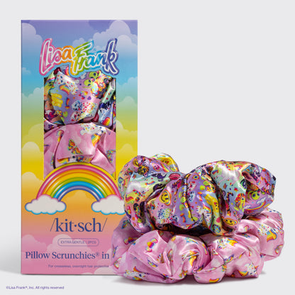 KITSCH Lisa Frank x Kitsch Pillow Scrunchies® in The Fantastic World of Lisa Frank — hero product shot — vibrant Lisa Frank x KITSCH collab in pillow-soft satin — gentle on hair overnight
