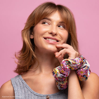 KITSCH Lisa Frank x Kitsch Pillow Scrunchies® in The Fantastic World of Lisa Frank — close-up detail of Lisa Frank rainbow print on satin — pillow-soft construction won't crimp hair
