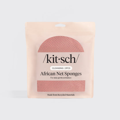 Kitsch Berry Pink African Net Sponge folded inside branded packaging showing the product label.