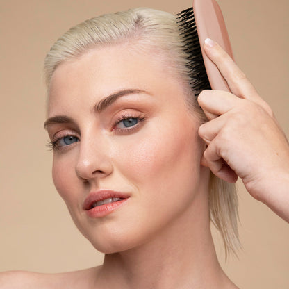 Kitsch Scalp Renewal Brush in Terracotta infographic showing soft nylon bristles for scalp massage