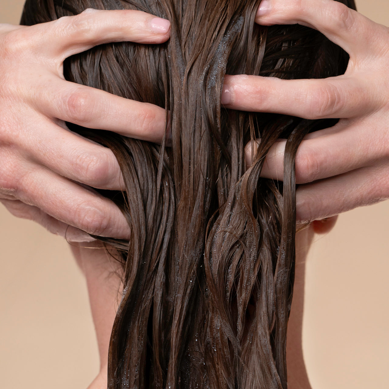 Close-up of hands running through wet hair after applying KITSCH Repairing Argan Oil Conditioner