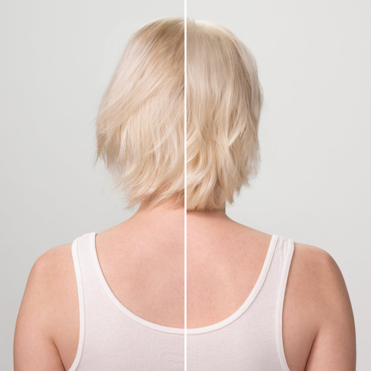 Before and after comparison showing woman with blonde hair from behind — left side before KITSCH Repairing Argan Oil Conditioner, right side showing visibly shinier, smoother, more repaired hair after use — split-screen hair transformation result