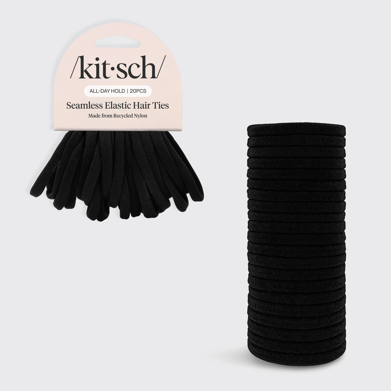 KITSCH Black Elastic Hair Ties 20pc Set — hero product shot — Consciously created from recycled materials for a tight all-day hold — glide gently through hair while being kind on your hair and the environment