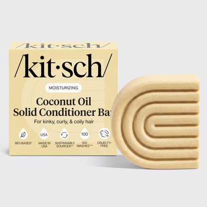 Kitsch Coconut Oil Solid Conditioner Bar with packaging displayed beside the bottle-free conditioner bar for moisturizing kinky, curly, and coily hair.