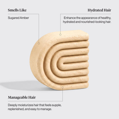 KITSCH Shea Butter Hydrating Solid Conditioner Bar — feature infographic on light background — Smells Like: Sugared Amber | Hydrated Hair: Enhance the appearance of healthy, hydrated and nourished-looking hair | Manageable Hair: Deeply moisturizes hair that feels supple, replenished, and easy to manage — Richly hydrates dry, thirsty strands — Formulated with Shea Butter to restore hair’s moisture, shine & luster