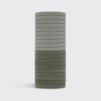 KITSCH Eucalyptus Hair Elastics 20pc Set — product lifestyle shot showing pack of 20 in chic green neutral shades — crafted with 100% recycled nylon — soft and stretchy for a tight, all-day hold