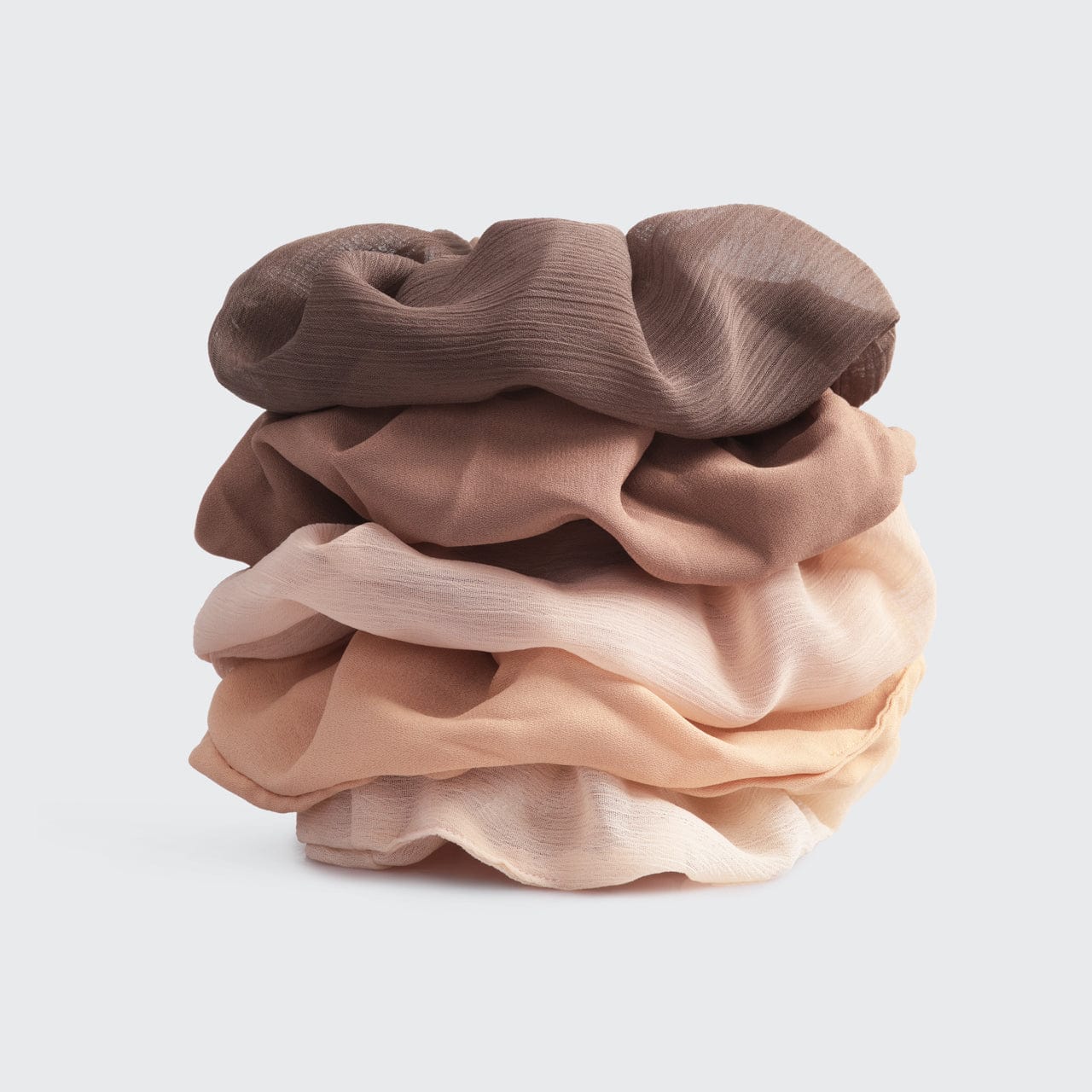 KITSCH Crepe Scrunchies in Terracotta — product flat lay of 5 terracotta crepe scrunchies — assorted warm terra cotta and rust tones