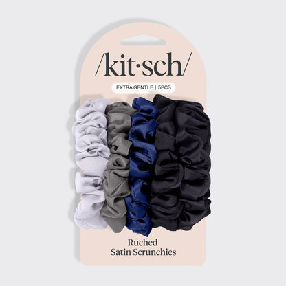 KITSCH Midnight Satin Petite Scrunchies 5pc Set — product on branded packaging card — 5-piece mini satin scrunchie set in midnight deep-tone palette