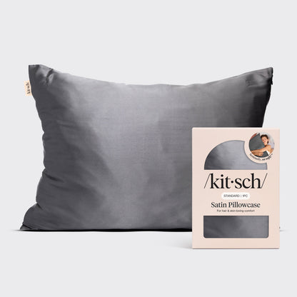 Kitsch Charcoal Satin Pillowcase in standard size displayed on a clean neutral background