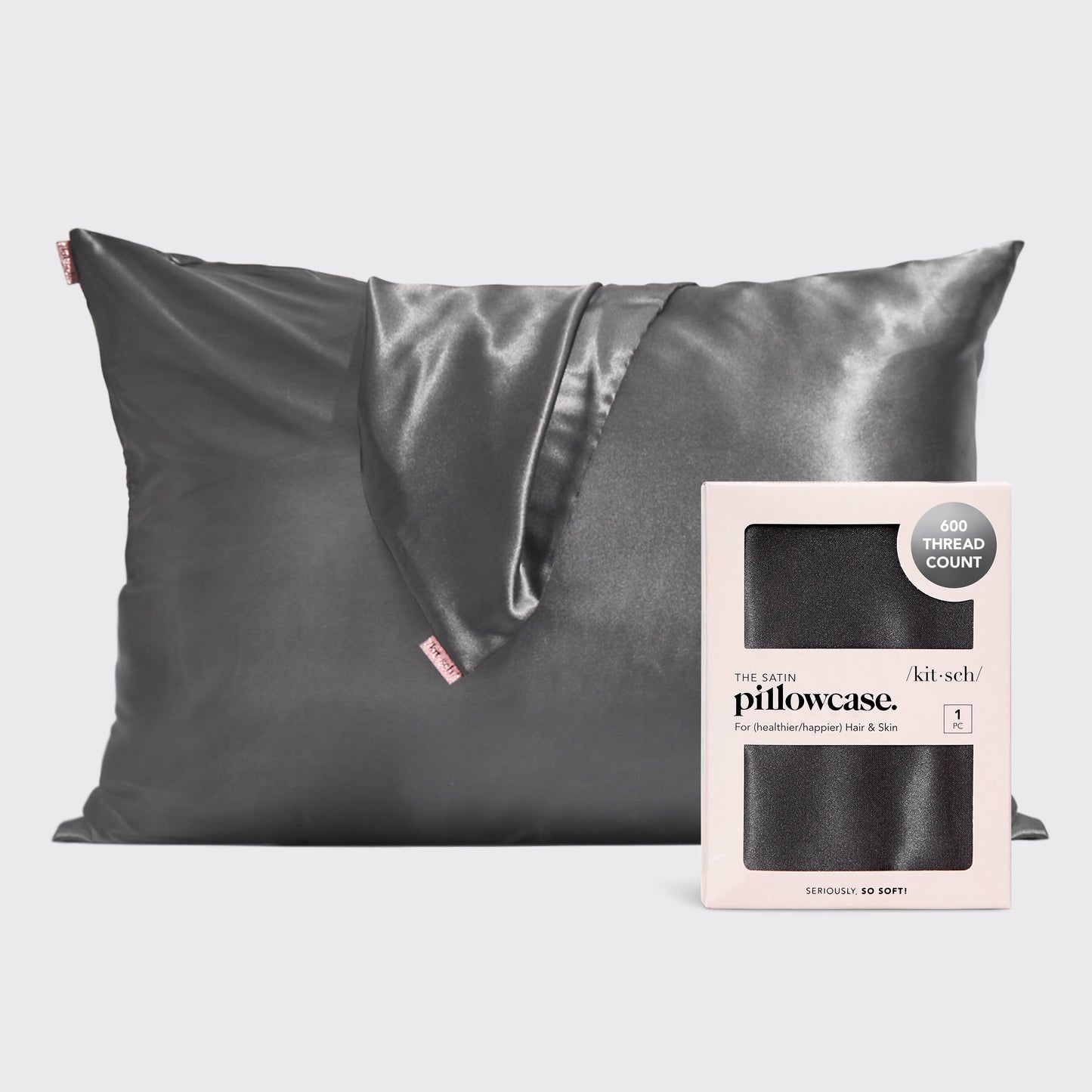 KITSCH Charcoal Standard Satin Pillowcase — hero shot — smooth charcoal satin