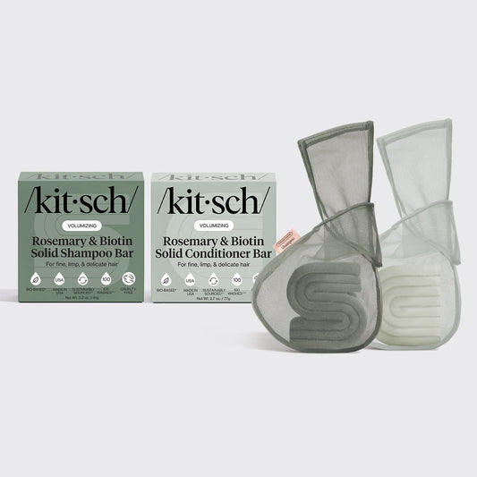 KITSCH Rosemary & Biotin Shampoo & Conditioner Combo + Bar Saver Bags Bundle — hero flat lay — Volumizing Rosemary & Biotin Shampoo Bar + Conditioner Bar + Bar Saver Bags — complete volumizing routine