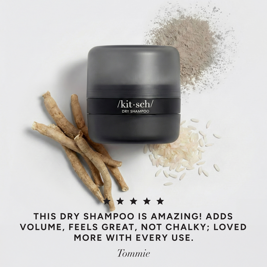 KITSCH Dark Volumizing Rice Protein Dry Shampoo with Puff — 5-star customer review graphic — Eco-friendly powder formula enriched with rice protein, niacinamide & ashwagandha — formula created without talc or benzene, safe for everyday use