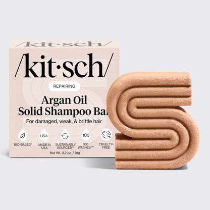 KITSCH Repairing Argan Oil Shampoo Bar — hero product shot — Formulated with Everbond® clinically proven to help reverse and repair hair damage — strengthens hair fibers to reduce breakage and improve elasticity
