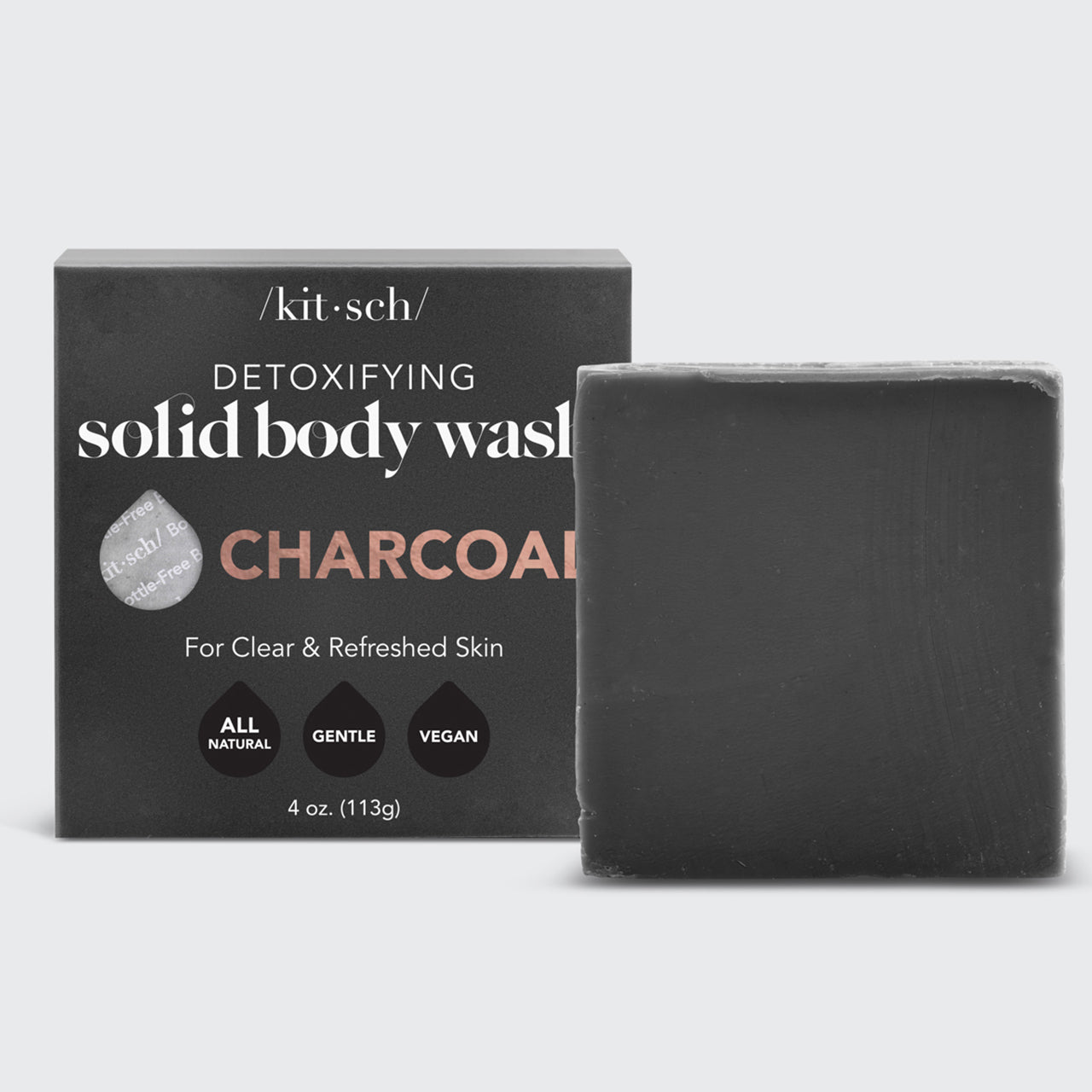 Kitsch Charcoal Detoxifying Solid Body Wash bar on a soft neutral background