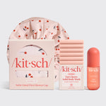 KITSCH Cherry Bathroom Bundle — hero flat lay — Cleansing Tart Cherry Solid Body Wash Bar + Tart Cherry Hair & Body Perfume — complete cherry-scented bathroom routine