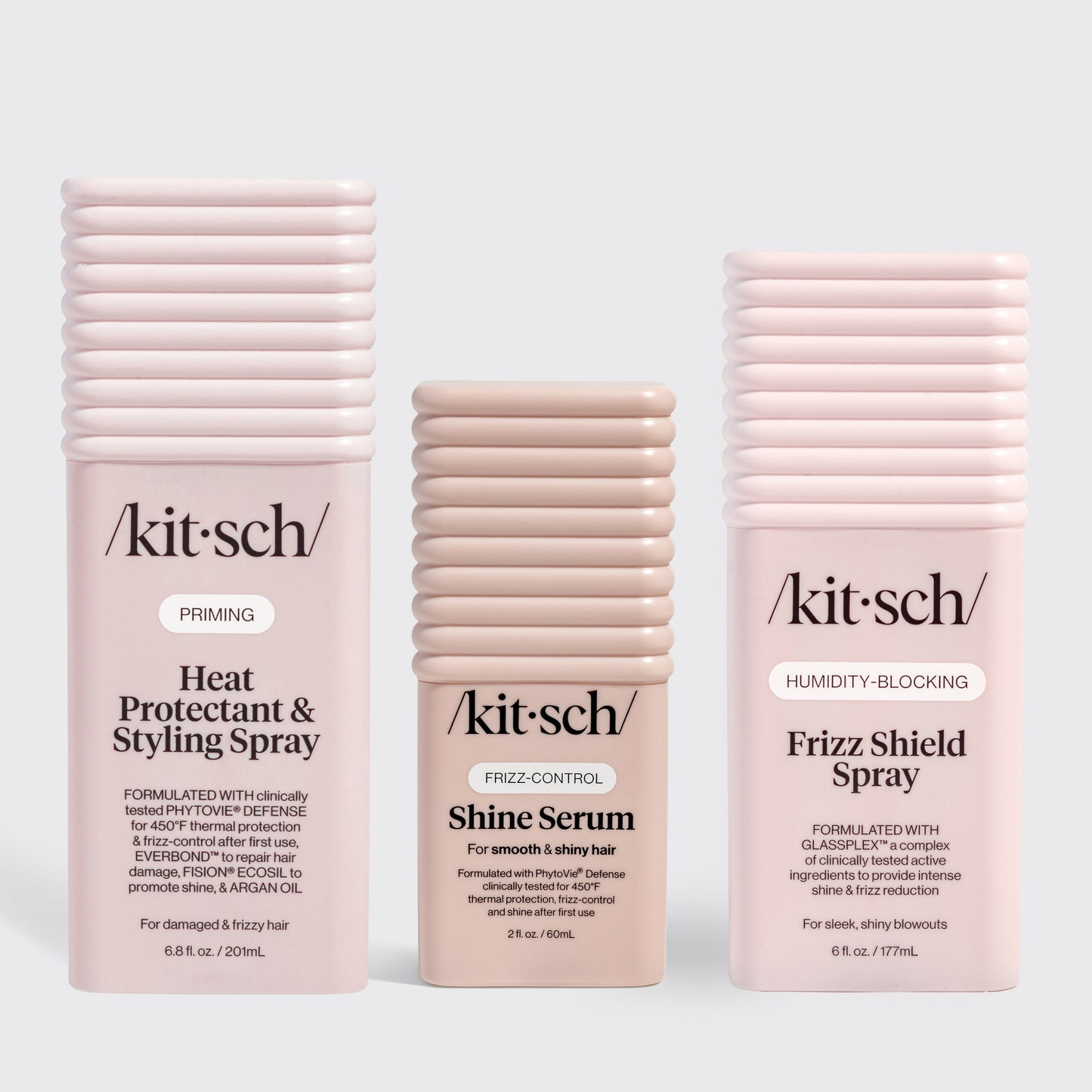 KITSCH Curl-to-Straight Frizz Control Bundle — product flat lay — Frizz Shield Spray, Heat Protectant Styling Mist, and Glass Hair Shine Serum — complete frizz control system for curly to straight styling