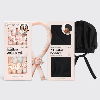 KITSCH Sunset Tie Dye Satin Heatless Curling Set + Black Satin Sleep Bonnet Bundle — hero shot — complete nighttime blowout routine