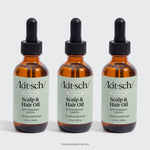 KITSCH Strengthening Rosemary & Biotin Scalp & Hair Oil 3-Pack — hero product shot — three 2fl oz./60mL bottles — 100% plant-based oil with rosemary extract and biotin — stock up and save