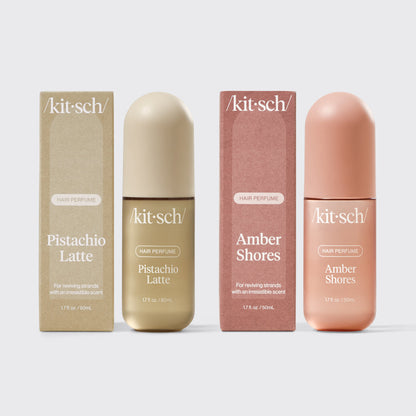 Kitsch Seaside Latte Duo – Pistachio Latte and Amber Shores hair perfumes paired on a warm neutral background