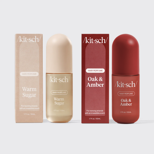 Kitsch Ember Retreat Duo – Warm Sugar and Oak & Amber hair perfumes paired on a warm neutral background