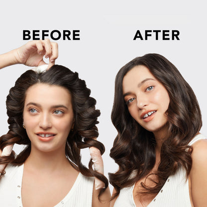KITSCH Charcoal Satin Heatless Curling Set — before and after on model Azlin — heat-free wave and curl results