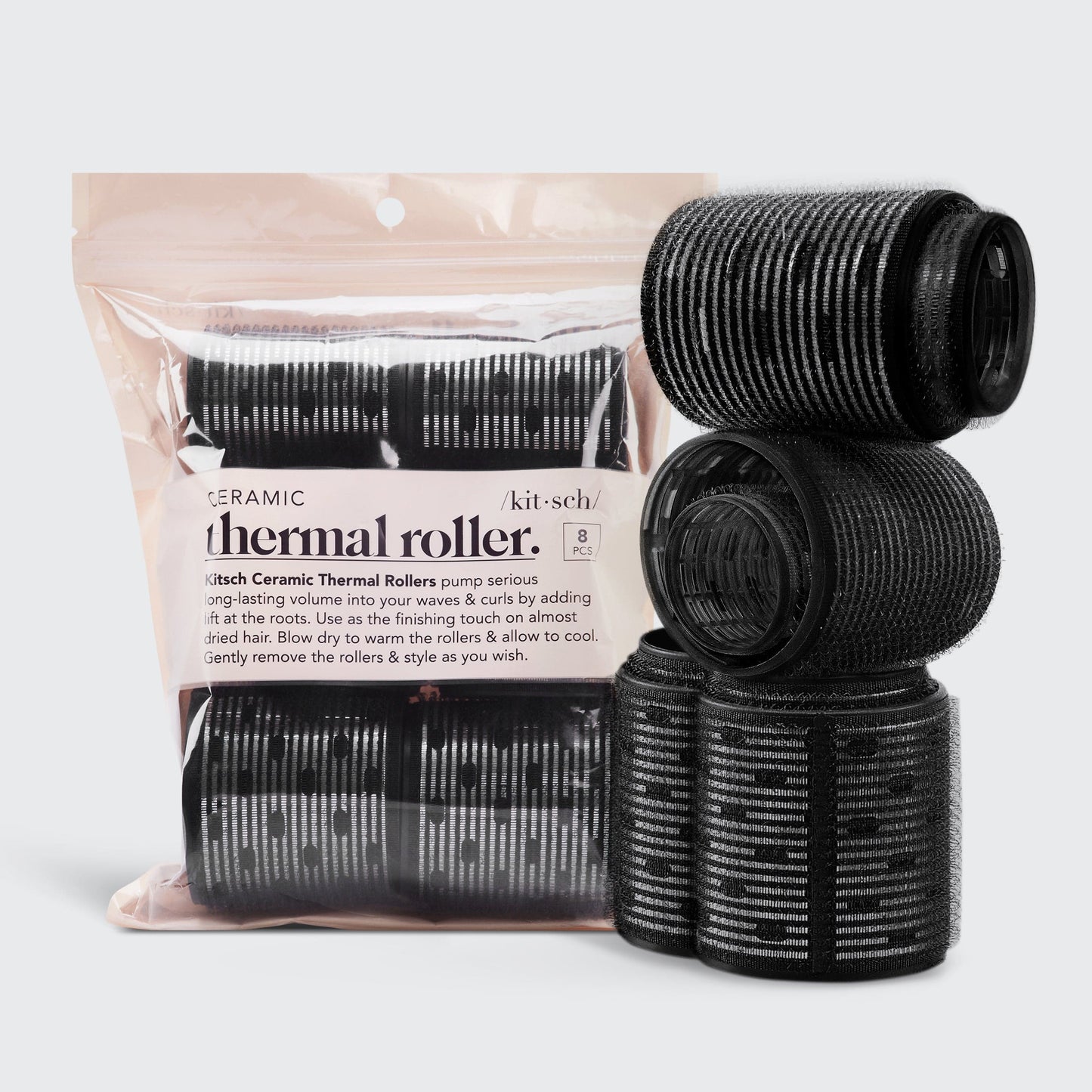 Kitsch Ceramic Thermal Rollers 8pc Set — includes 2×1.5", 4×2", and 2×2.25" self-gripping ceramic rollers in black