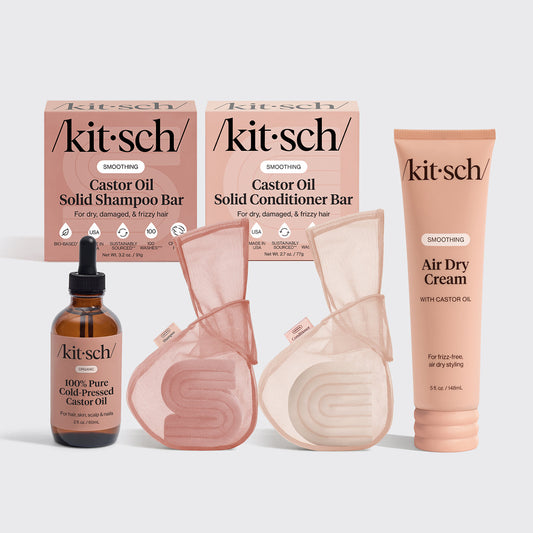 KITSCH Castor Oil Complete Bundle — hero flat lay — Castor Oil Nourishing Shampoo Bar + Conditioner Bar + Air Dry Cream — complete nourishing hair routine
